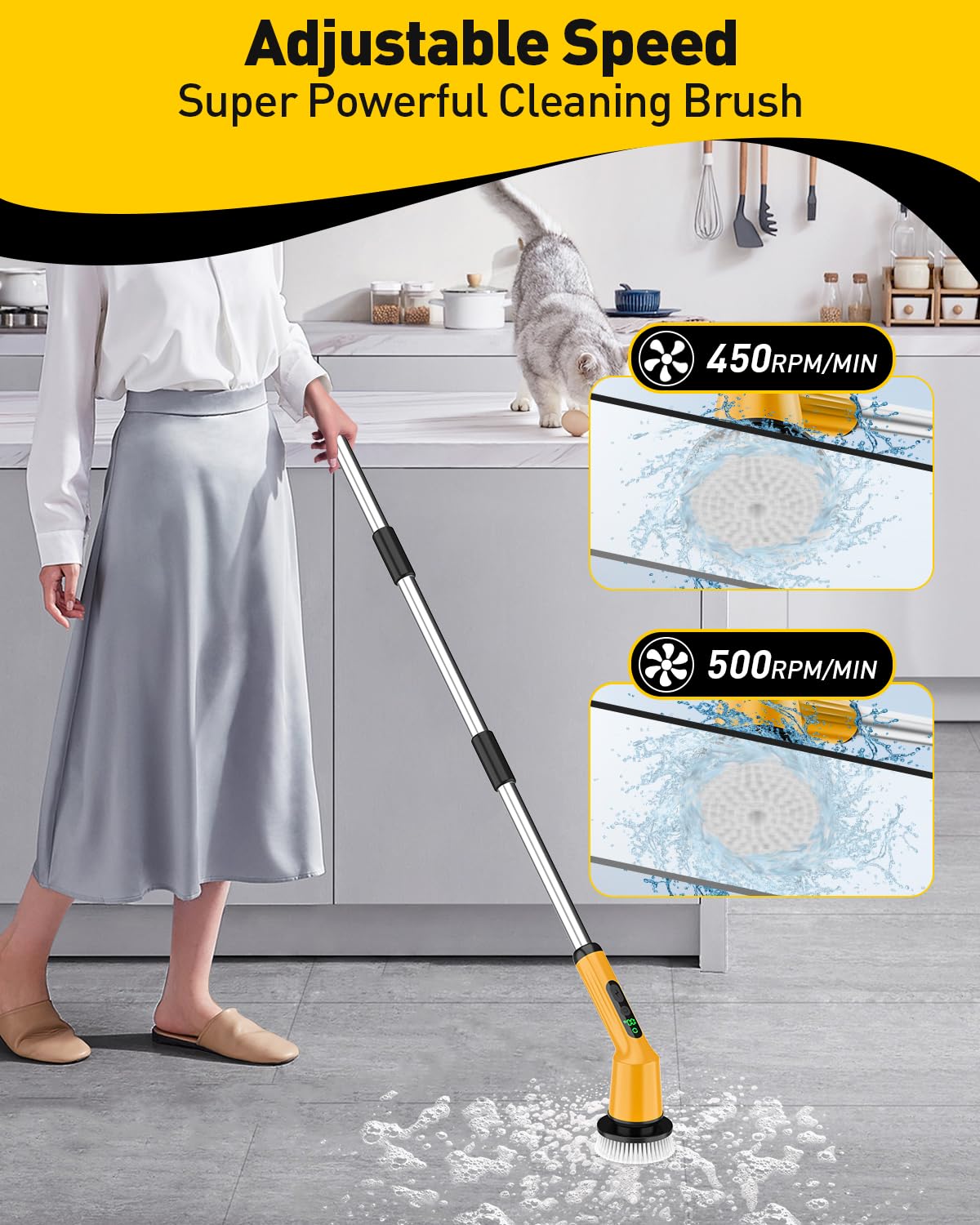 Shower Scrubber with Long Handle, Shower Cleaner Brush with 8 Floor Machine Pads, Cordless Electric Spin Scrubber for Cleaning with 2 Speed, Cleaning Supplies for Bathroom Bathtub Kitchen Floor Tile