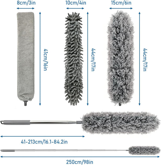 Microfiber Feather Duster 6-in-1 Kit | Extendable Duster with 100" Pole | Washable Long Handle Duster Set for High Ceilings, Fans, Blinds