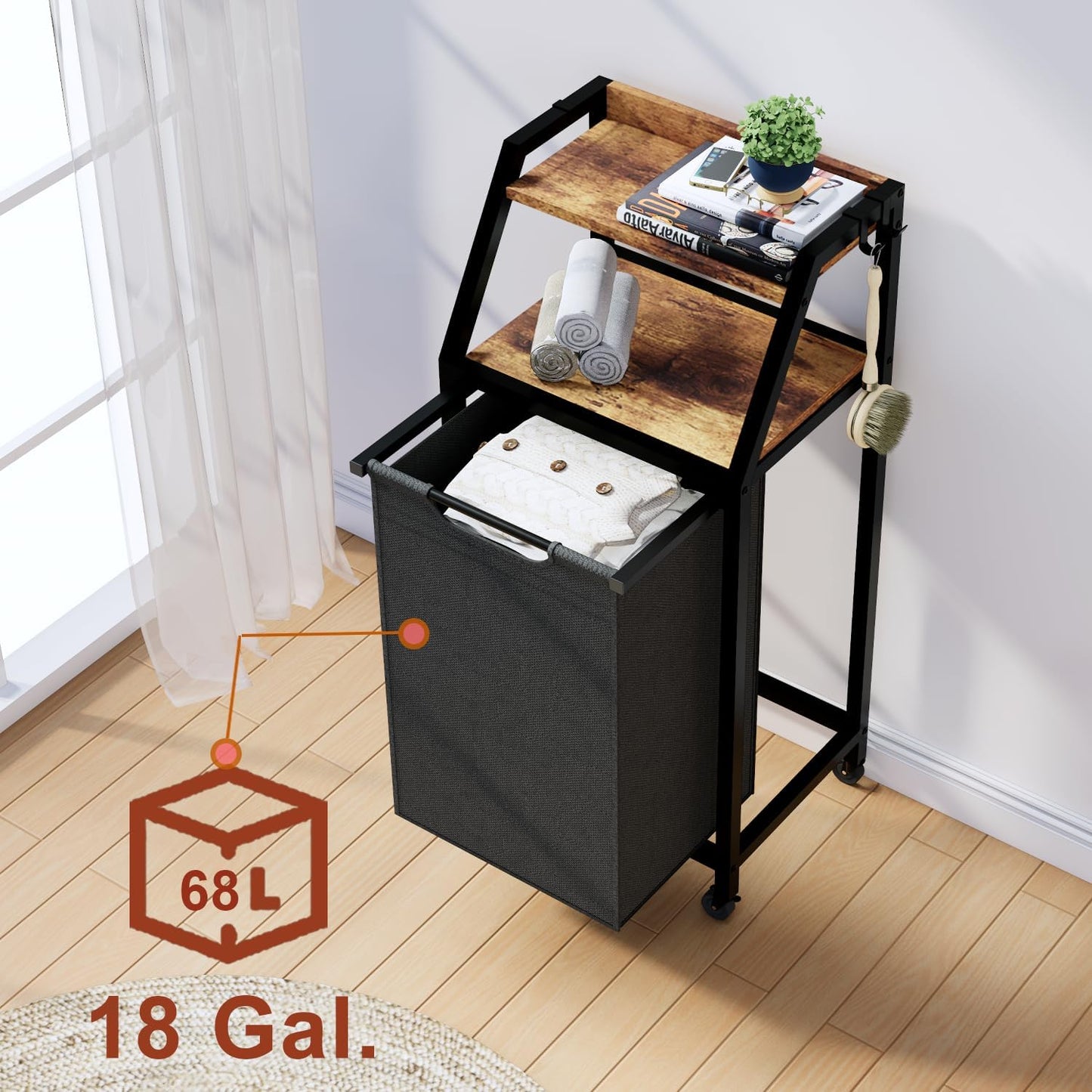 Timberer Laundry Hamper, Laundry Sorter 3 Section, Rolling Laundry Basket with Wheels, 2 Shelves, 3 × 14.5 Gal, Pull-Out and Removable Oxford Fabric Bags, for Laundry Room, Black and Rustic Brown