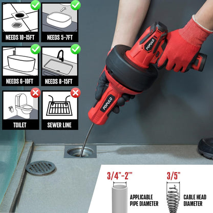 POPULO 12V Cordless Electric Drain Auger, Auto Feed Plumbing Snake Drain for Unclog Sink Drain 3/4"-2" Pipe, 16.8 FT Snake Hair Drain Clog Remover Cleaner Tools for Shower, Kitchen, Bathtub, Sink