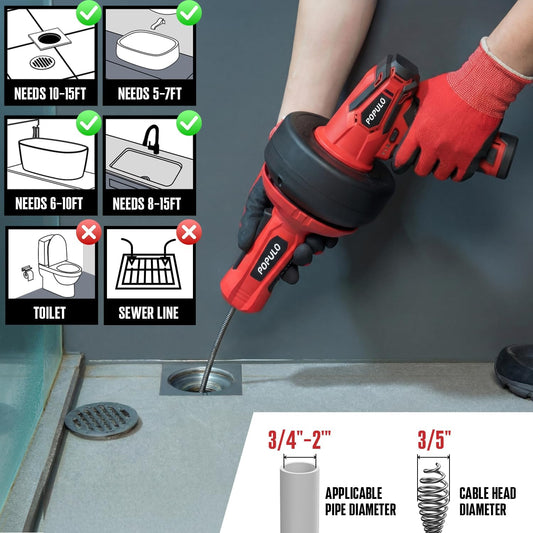 POPULO 12V Cordless Electric Drain Auger, Auto Feed Plumbing Snake Drain for Unclog Sink Drain 3/4"-2" Pipe, 16.8 FT Snake Hair Drain Clog Remover Cleaner Tools for Shower, Kitchen, Bathtub, Sink