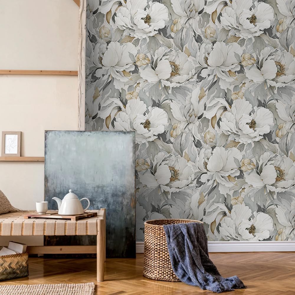 MuralPeel Dark Grey White Poppies Peony Floral Vintage Peel and Stick Wallpaper Self Adhesive Removable Easy Peel Off Stick on Wall Paper for Bedroom Cabinet Renter