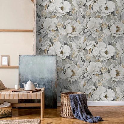 MuralPeel Dark Grey White Poppies Peony Floral Vintage Peel and Stick Wallpaper Self Adhesive Removable Easy Peel Off Stick on Wall Paper for Bedroom Cabinet Renter