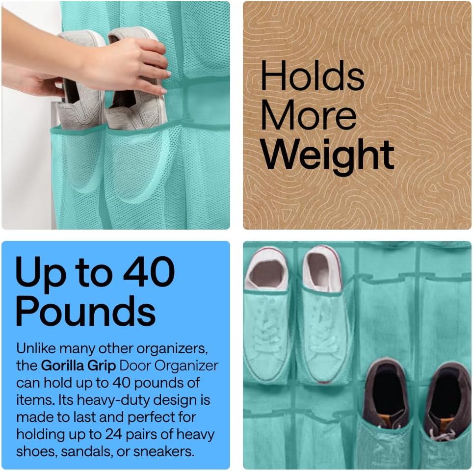 GORILLA GRIP Over the Door Shoe Organizer, 24 Large Breathable Mesh Pockets, Space Saving Hanging Storage Holder, Closet Rack Hanger Holds Up to 40 lbs, Hangs on Closets for Shoes, Accessories, Grey
