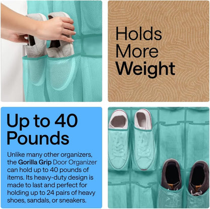 GORILLA GRIP Over the Door Shoe Organizer, 24 Large Breathable Mesh Pockets, Space Saving Hanging Storage Holder, Closet Rack Hanger Holds Up to 40 lbs, Hangs on Closets for Shoes, Accessories, Grey