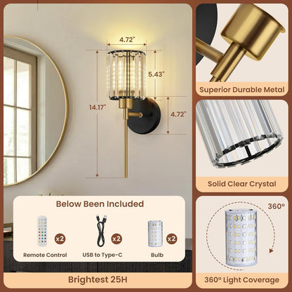 Crystal Battery Operated Wall Sconces, Brushed Gold Rechargeable Wireless Wall Sconce Lights with Dimmable Bulbs and Remote, 12 Colors and 3CCT Dimmable Crystal Lamps for Living Bedroom, 3000~6000K