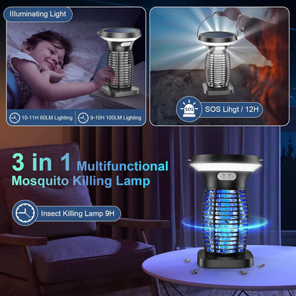 PhatroyYee Solar Bug Zapper Outdoor, 3-in-1 Mosquito Zapper Outdoor Solar Powered, Cordless Electric Bug Zapper Indoor with Night Light, Waterproof Fly Zapper for Patio Backyard Home Kitchen Camping