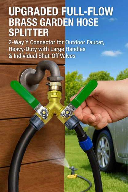 Upgraded Full-Flow Brass Garden Hose Splitter, 3/4 Inch，2-Way Y Connector for Outdoor Faucet, Heavy-duty Handle & Individual Shut-Off Valves, Ideal for Garden Irrigation & Cleaning Tasks