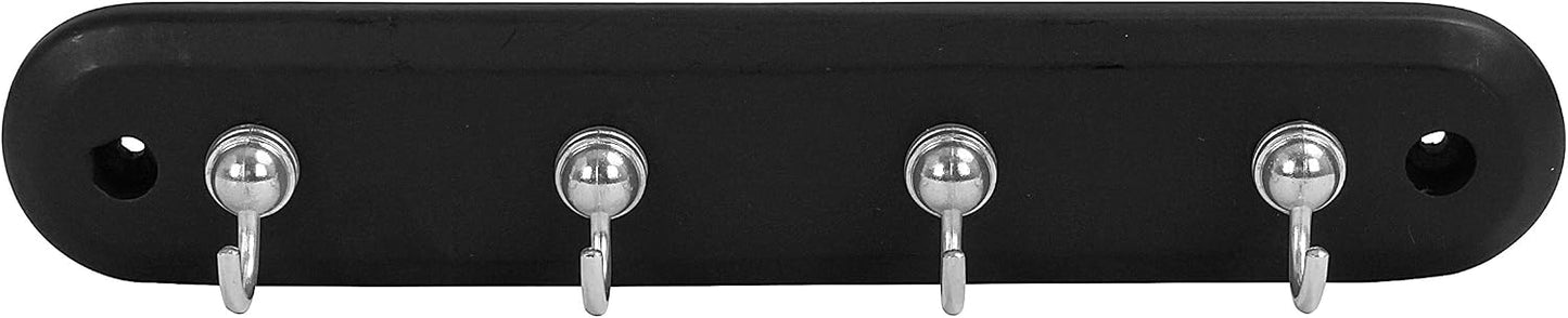 Spectrum Modern Key Holder Wall Mount Rack for Entryway Garage Mudroom Hanging Organization, Easy Install Contemporary Key Ring Holder Rack for Keychains Rings and Fobs, Black Wood with Chrome Hooks