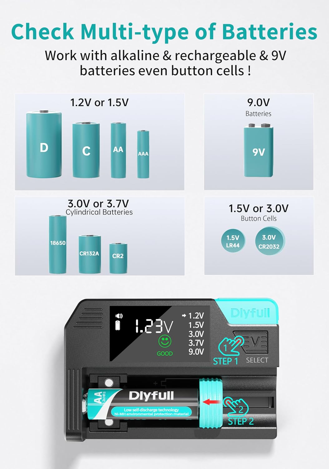 Dlypow Magnetic Battery Tester for AAA AA C D 9V, Button Cell & Rechargeables