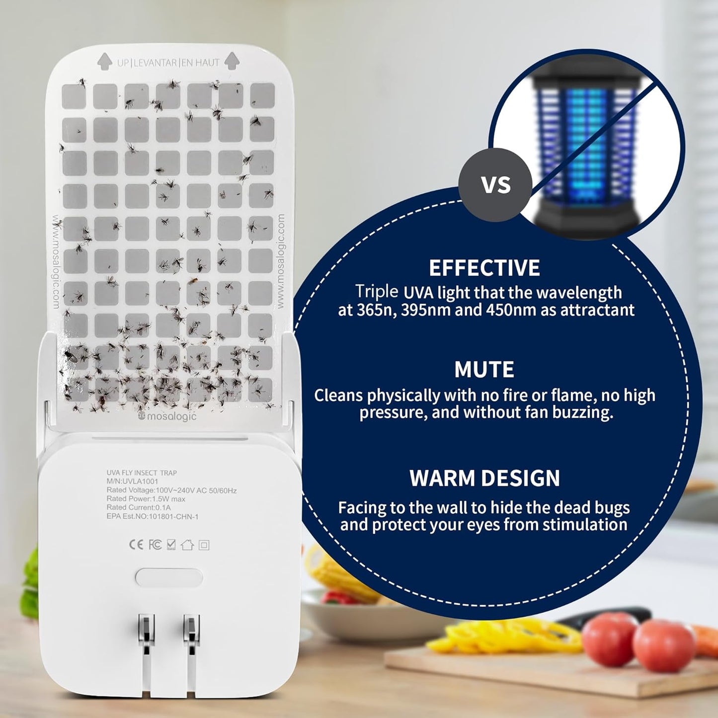 Mosalogic Fruit Fly Traps for House Use Gnat Trap Flying Insect Trapper Plug-in Mosquito Killer Indoor Gnat Moth Catcher Fly Tapper with Night Light UV Attractant Catcher for Home Office White-1PACK