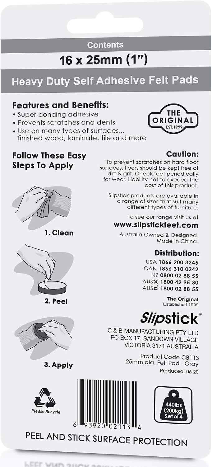 Slipstick Premium Wool Felt Furniture Pads/Floor Protectors (1 Inch Round Value Pack) Includes 40 Heavy-Duty Felt Chair Leg Pads with Self-Stick Adhesive, Gray, CB115