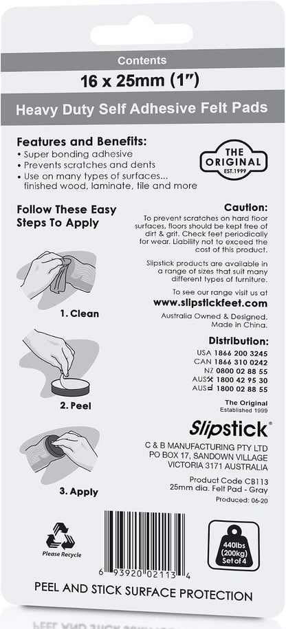 Slipstick Premium Wool Felt Furniture Pads/Floor Protectors (1 Inch Round Value Pack) Includes 40 Heavy-Duty Felt Chair Leg Pads with Self-Stick Adhesive, Gray, CB115