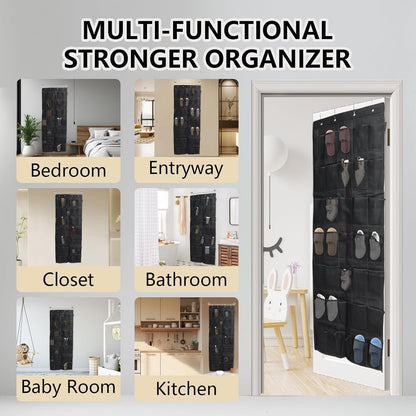 Over the Door Shoe Organizer, 12 Mesh Pockets Hanging Shoe Organizer with 4 Metal Hooks (Black)