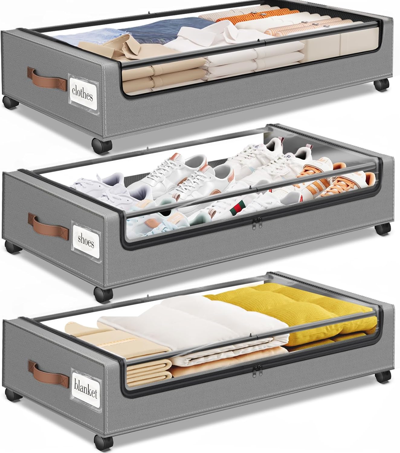 SpaceHacks Under Bed Storage with Wheels 2Pack Storage Containers with Clear Window&Label Under Bed Drawers Rolling Under Bed Storage for Clothes,Shoes, Blankets (30.71 x 16.93 x 6.69 in, Dark Grey)