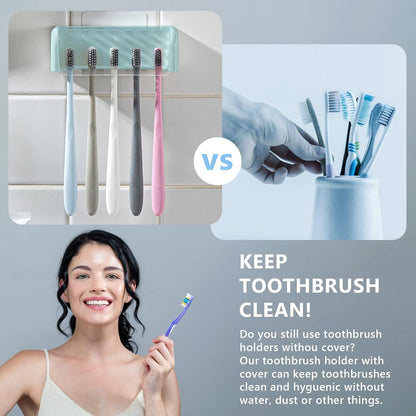 5 Slots Toothbrush Holder Wall Mount with Cover, Self Adhesive Toothbrushes Storage Organizer Perfect for Dorm Bathrooms and Shower, Holds 5 Toothbrushes. (White)