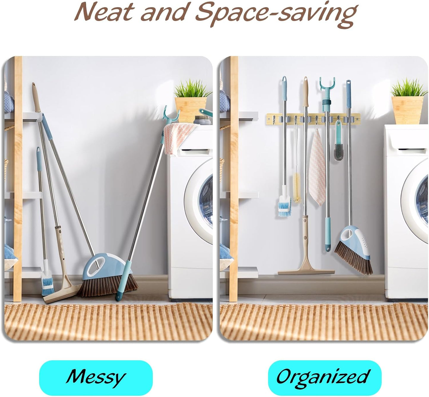 OUTNILI Mop and Broom Holder Wall Mount - Wood Broom Mop Hanger - Wall Mounted Garden Tool Rack Organizer for Closet Garage Laundry Room for Rustic Kitchen Decor With 5 Slots & 4 Hooks