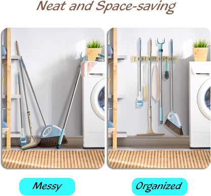 OUTNILI Mop and Broom Holder Wall Mount - Wood Broom Mop Hanger - Wall Mounted Garden Tool Rack Organizer for Closet Garage Laundry Room for Rustic Kitchen Decor With 5 Slots & 4 Hooks
