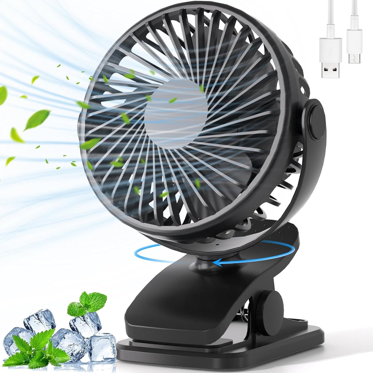 BDXXJ Portable Clip on Fan, 360° Rotate Battery Operated Stroller Fan, 3 Speed Quiet Mini Personal Table Fan, USB Rechargeable Clooing Fan for Outdoor Camping Golf Cart Stroller Home Office Black