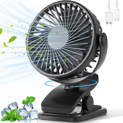 BDXXJ Portable Clip on Fan, 360° Rotate Battery Operated Stroller Fan, 3 Speed Quiet Mini Personal Table Fan, USB Rechargeable Clooing Fan for Outdoor Camping Golf Cart Stroller Home Office Black