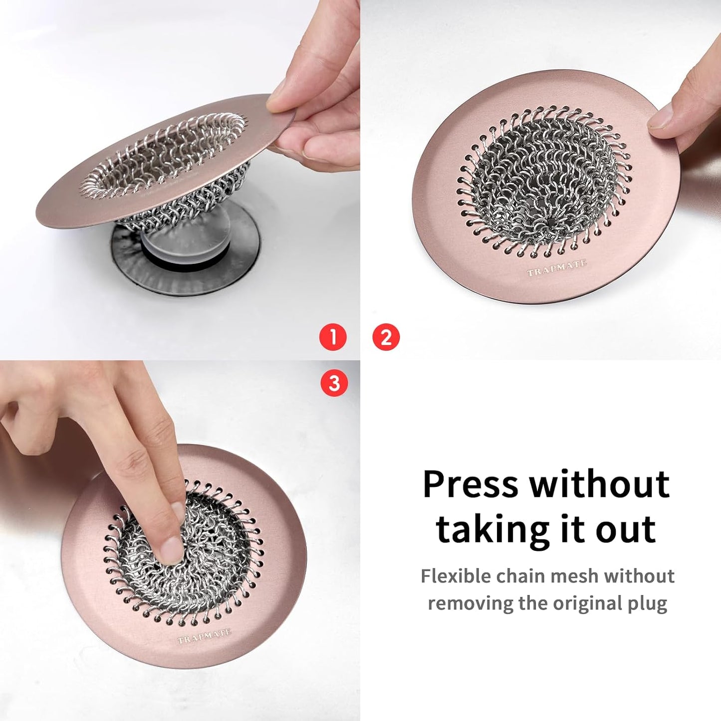 TRAPMATE Shower Drain Hair Catcher, 4.4" Easy Clean Bathtub Drain Hair Catcher, Anti-Slip Bath Tub Drain Protector, Upgraded 304 Stainless Steel Shower Sink Drain Cover for Bathroom (Patented Product)