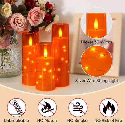 Raycare Flameless Candle with Remote Timer, 3 Flickering Acrylic Battery Operated LED Pillar Candles with Embedded Star String for Christmas, Wedding, Home Table Decor, and as a Gift (Ivory White)