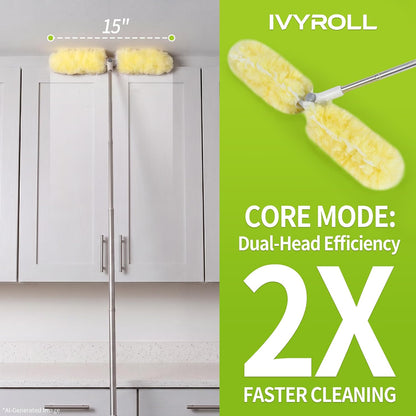 IVYROLL Dual Head Duster with Extended Handle 6 ft, Lockable Extendable Duster Kit with Extension Pole for High Ceiling Fan & Wall, 8 Refills