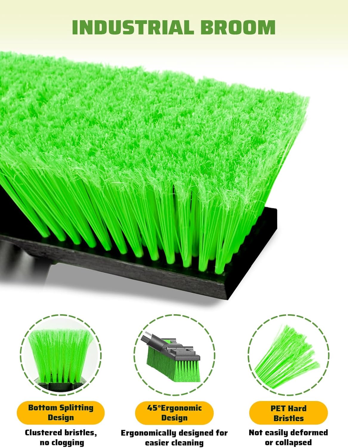 18”/45cm Large Wide Adjustable Heavy Duty Outdoor Push Broom Stiff Brush Head with 4 Section Threaded Handle 60"/152cm for Warehouse Driveway Garage Patio Sidewalk Floor Dirt Workshop Deck Cleaning