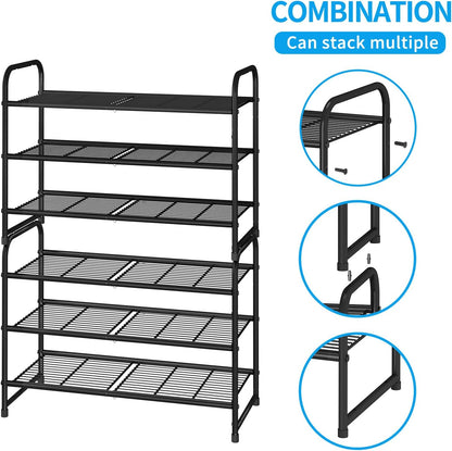 Simple Trending 3-Tier Stackable Shoe Rack, Expandable & Adjustable Shoe Shelf Storage Organizer, Wire Grid, Black