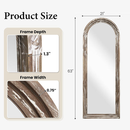 Arched Wood Floor Mirror with Stand, 63" x 21" Rustic Walnut Triple-Layer Solid Wood Frame Full Length Body Mirror, Shatterproof Tempered Glass, Wall Mounted or Leaning for Bedroom Entryway
