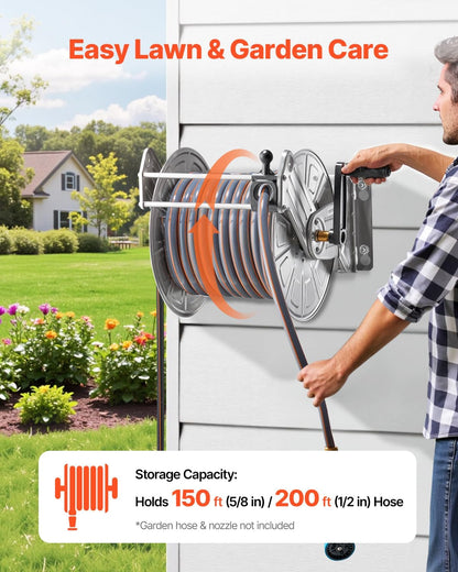 VEVOR Wall Mounted Garden Hose Reel, Holds 125 ft 5/8-inch Hose, Heavy-Duty Water Hose Winder, Space-Saving Design, Outdoor Manual Reel with Brass Fitting and Storage Basket for Yard Lawn