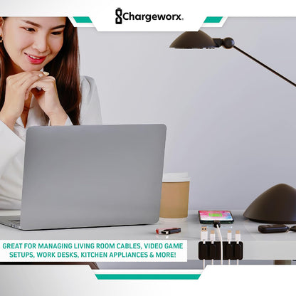 Chargeworx Magnetic Cable Clips - Cord Holder Organizer, No Drill Self-Adhesive Base, Cable Organizer, Repositionable Magnetic Clips, 5-Pack, USB-C Lightning Micro-USB, Desk Nightstand Wall Car, Black
