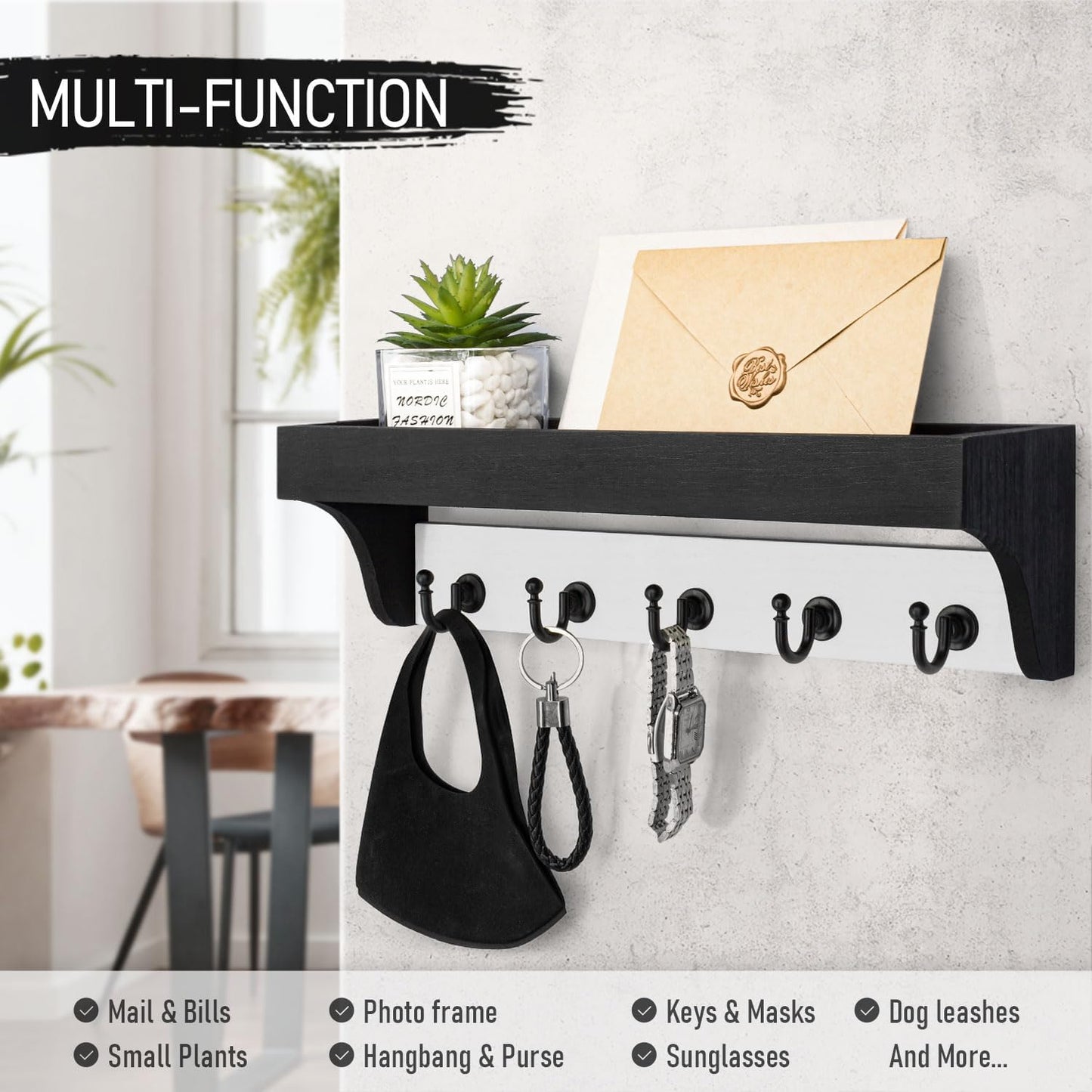Rebee Vision Farmhouse Key Holder for Wall - Decorative Wooden Mail Organizer with 5 Rustic Key Hooks and Floating Shelf for Home Decor, Hallway, Entryway, Appartment (Retro Brown)