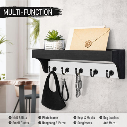 Rebee Vision Farmhouse Key Holder for Wall - Decorative Wooden Mail Organizer with 5 Rustic Key Hooks and Floating Shelf for Home Decor, Hallway, Entryway, Appartment (Retro Brown)