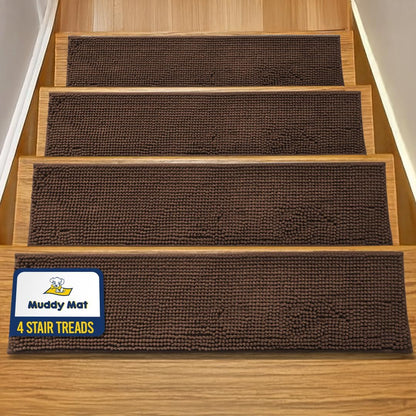 Muddy Mat® Pack of 4 - Soft Chenille Stair Treads Non-Slip Reusable, Super Absorbent Stair Treads for Wooden Steps, Tile & Marble Floor, Easy to Install & Machine Washable - Brown 30'' x 7''