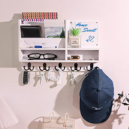 Key Holder Wall Mount, Mail Organizer Wall Mounted, Solid Wood Key Holder for Wall Living Room Entryway Home Decor, with 10 Key Hooks, Shelf, Marker Pen, 15.7" x 10.2" x 2.8"