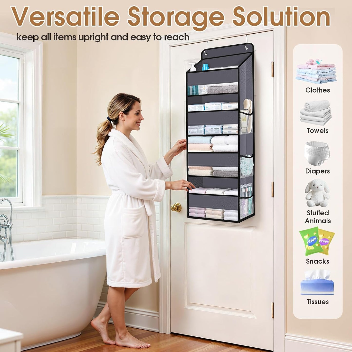 WISELIFE Over The Door Organizer Storage with 4 Large Pockets Door Hanging Organizer with Clear Windows behind The Door Storage for Nursery Bedroom Bathroom Pantry Closet and Baby Essentials Dark Grey