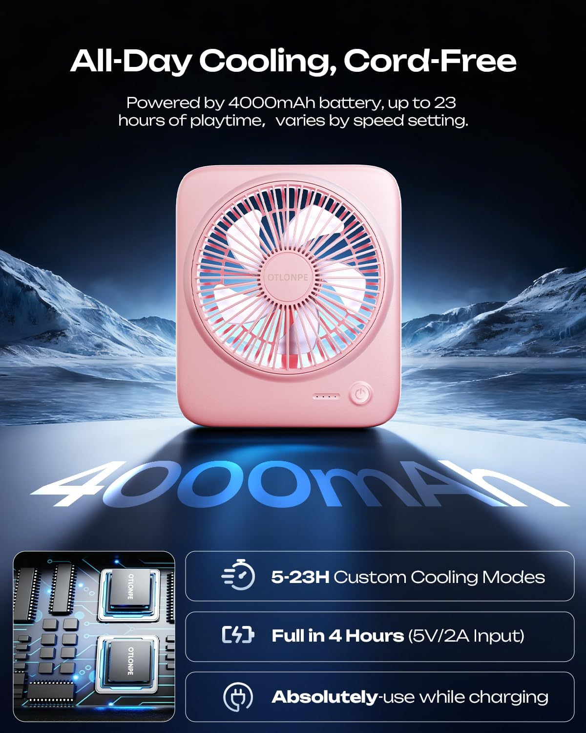 Otlonpe Personal Portable Desk Fan, 4000mAh Small Rechargeable Portable Fan Battery Operated & USB Powered for Travel Sleeping Bedroom Office Home Table, Cordless, Quiet, 4-Speed, 6.5 Inch (Black)