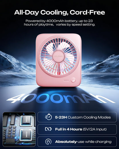 Otlonpe Personal Portable Desk Fan, 4000mAh Small Rechargeable Portable Fan Battery Operated & USB Powered for Travel Sleeping Bedroom Office Home Table, Cordless, Quiet, 4-Speed, 6.5 Inch (Black)