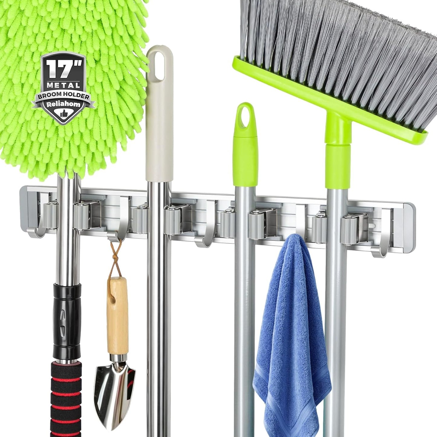 reliahom Broom Holder Wall Mount Mop Hanger Tools organizer 4Racks 5Hooks | Adjustable Mop Broom Wall Hanging Heavy duty Tools Storage Rack Space-saving for Garage,Kitchen,Laundry Room,Garden, Silver