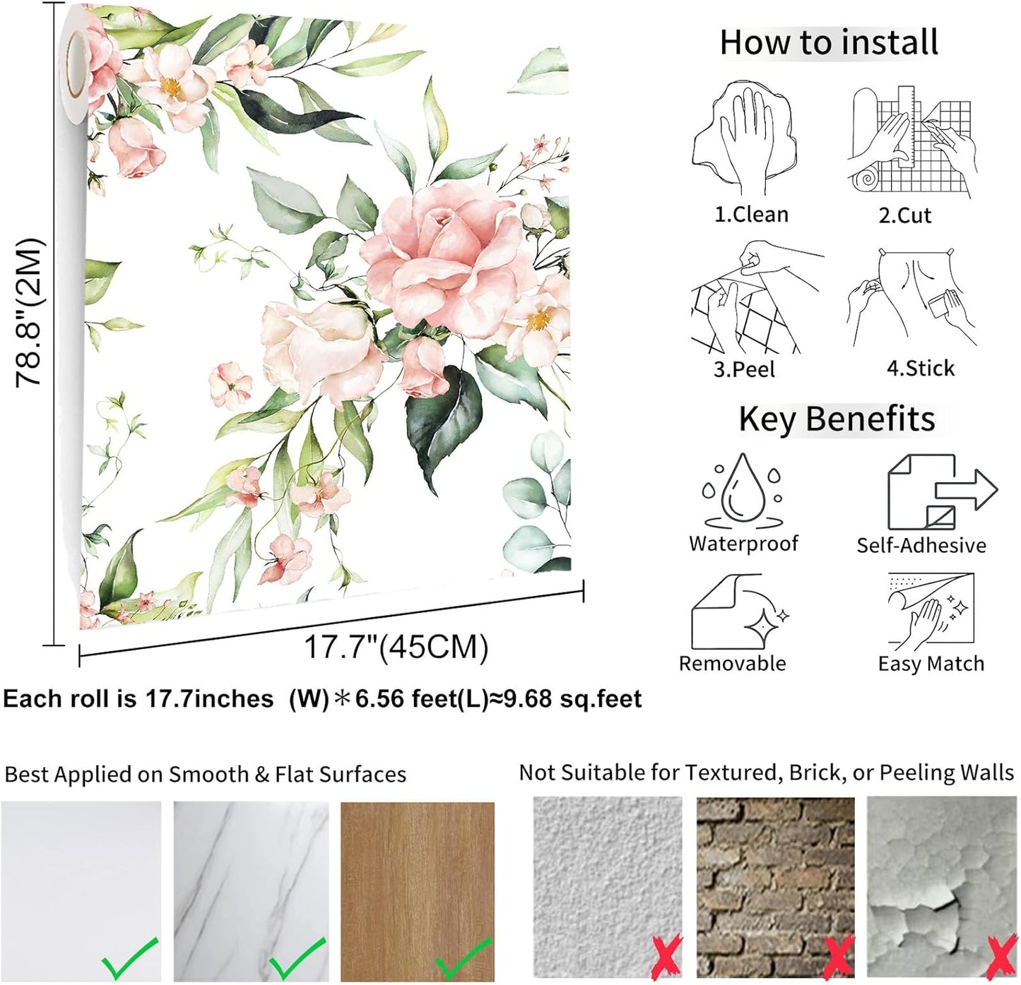 Pink Floral Peel and Stick Wallpaper Self Adhesive Removable Thick Vinyl Watercolor Botanical Flower Accent Wall for Bedroom Bathroom Living Room Renter Friendly 17.7" x 118"