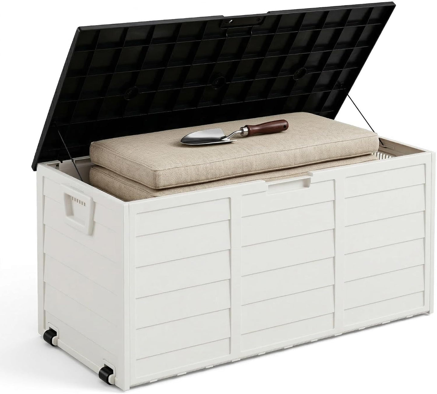 75 Gallon Outdoor Storage Box, 260L Waterproof Resin Deck Box for Patio Furniture Cushions, Garden Tools and Yard Accessories, Lockable Storage Chest with Wheels and Handles (Brown)