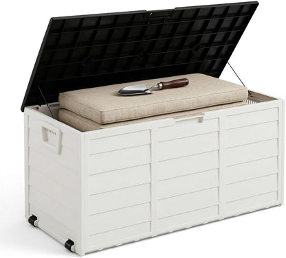 75 Gallon Outdoor Storage Box, 260L Waterproof Resin Deck Box for Patio Furniture Cushions, Garden Tools and Yard Accessories, Lockable Storage Chest with Wheels and Handles (Brown)