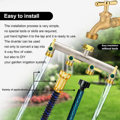 Heavy Duty Brass Garden Hose Splitter, 2-Way Faucet Splitter with 2 Extended Metal Handles, Outdoor Hose Splitter, GHT 3/4-Inch Heavy Duty Hex Female Inlet and 3/4-Inch Male Outlet, Nickel Plated