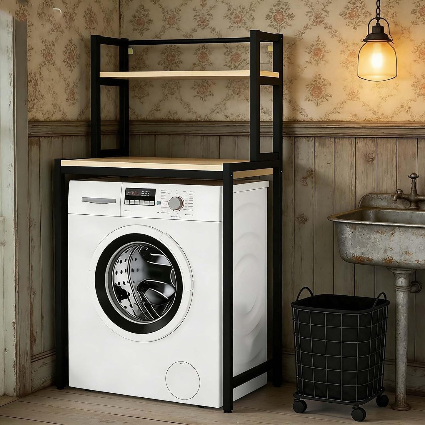 Modern Style Over Washer Storage Shelf, White Metal and Wood Organizer for Neat Home Laundry Room(Black,3-T)