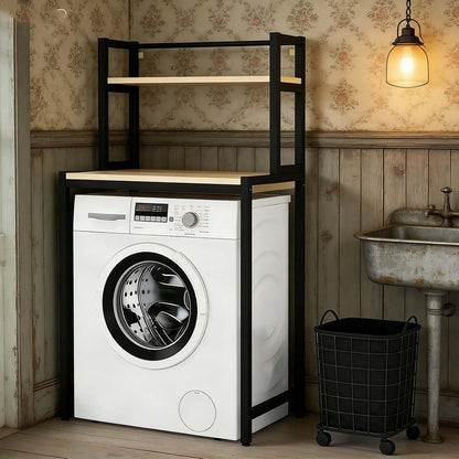 Modern Style Over Washer Storage Shelf, White Metal and Wood Organizer for Neat Home Laundry Room(Black,3-T)