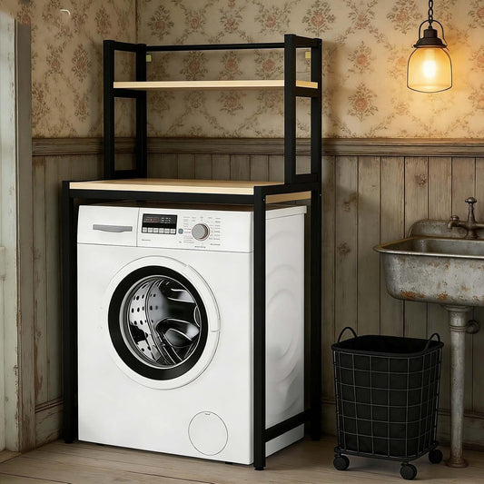 Modern Style Over Washer Storage Shelf, White Metal and Wood Organizer for Neat Home Laundry Room(Black,3-T)