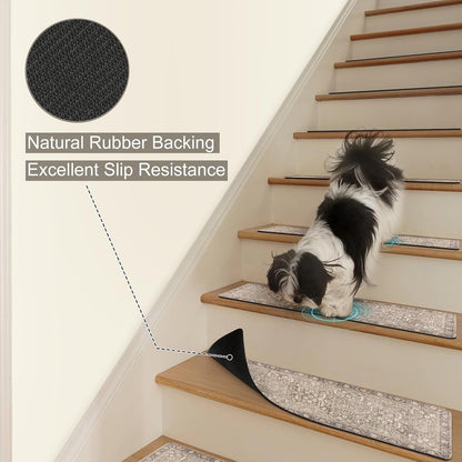 Tiveney Stair Treads Non Slip 15PCS 8"x30" Stair Runner, Rubber Backing Carpet Stair Treads for Wooden Steps, Washable Safety Carpet for Stairs Khaki Indoor Staircase Step Treads for Kids Elder Dogs