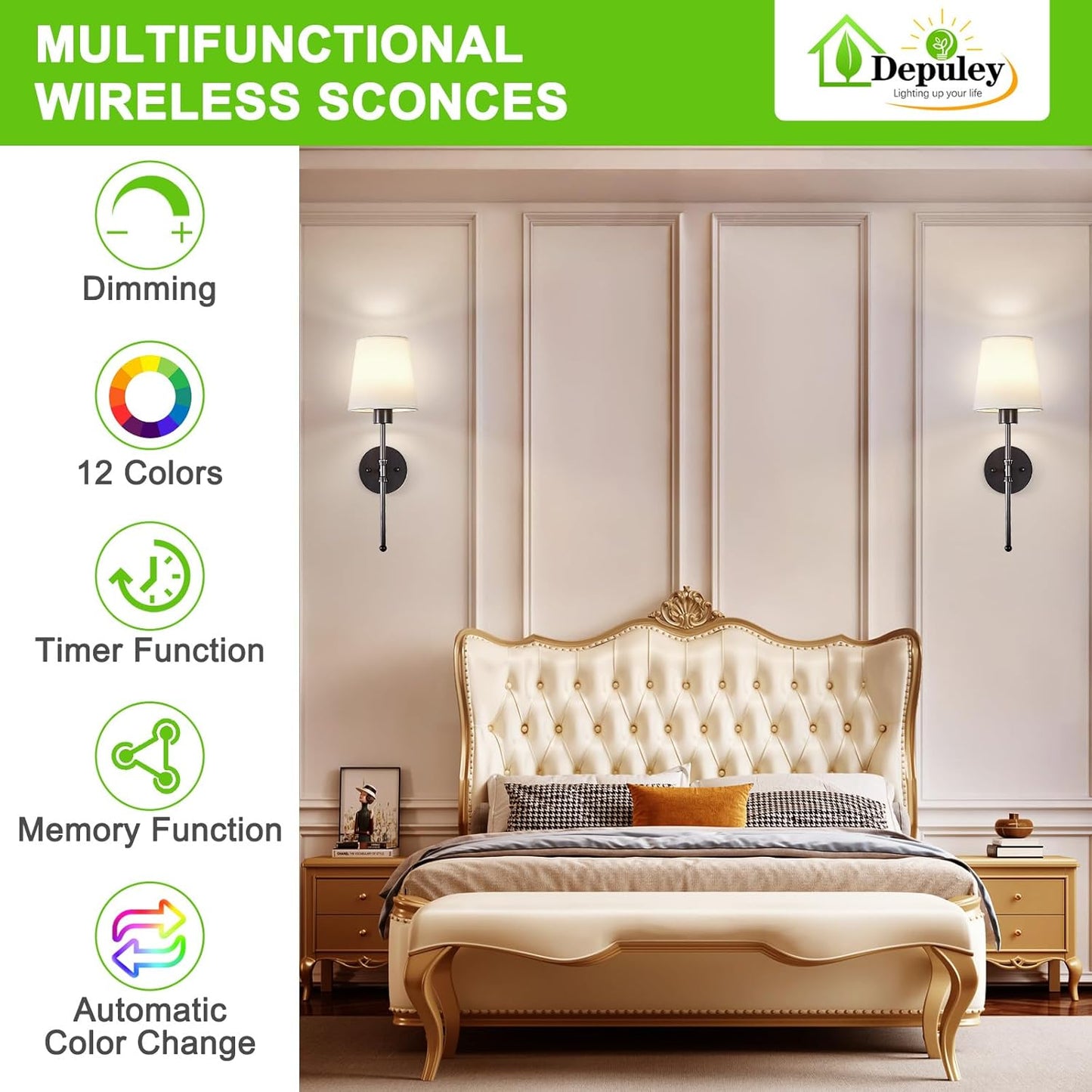 Depuley Battery Operated Wall Sconce: Set of 2 Wireless Wall Lights with 10000mAh Dimmable Bulbs and Remote for Bedroom - Rechargeable 15 Colors Gold Wall Lamp for Living Room Hallway