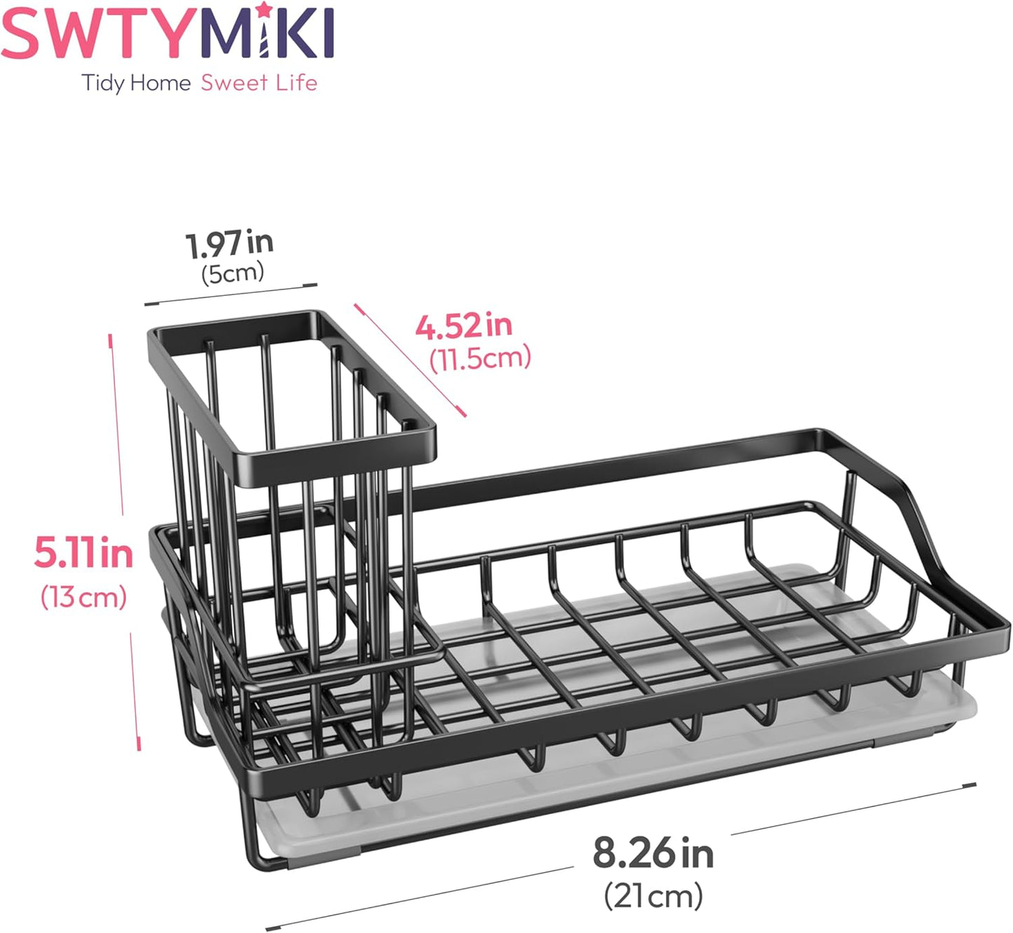 SWTYMIKI Sink Caddy Sponge Holder - Kitchen Sink Organizer with High Brush Holder for Countertop to Hold Dish Soaps and Sponges, Stainless Steel, Black